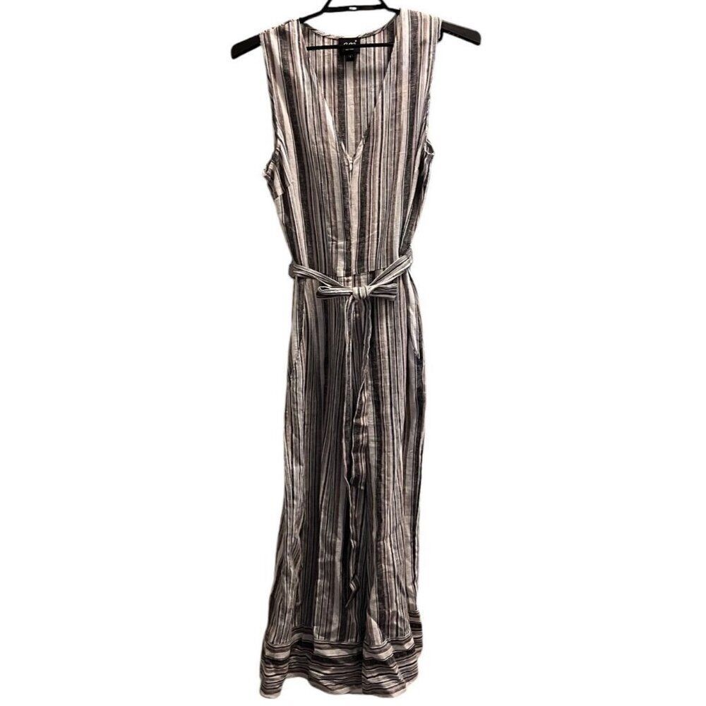 ECI New York Striped Sleeveless Belted Zipper Jumpsuit Size L Tan/Black/White